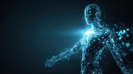 Abstract Digital Human Avatar Composed of Glowing Blue Plexus Network Lines and Particles on Dark Background - Futuristic 3D Cyber Intelligence Concept of Virtual Reality, AI, and Neural Systems