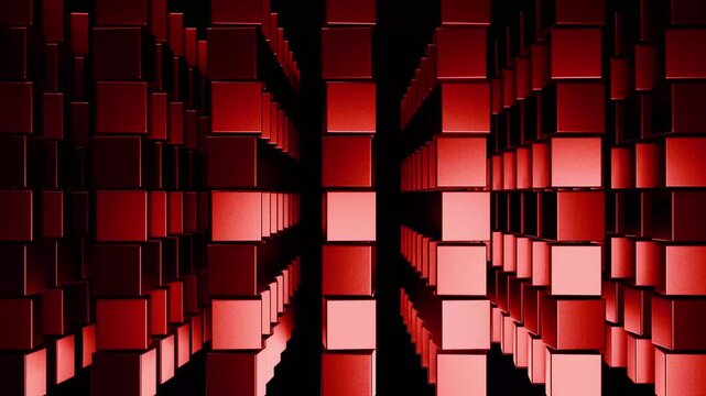 Dynamic 4K Loop: Shifting Ruby Red Metallic Cubes Pattern on Dark Background for Intense Modern Presentations & Sci-Fi Video Projects.