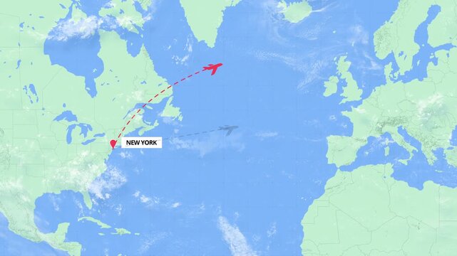 New York to Warsaw Flight Path Map Animation - USA to Poland - Green and Blue Map