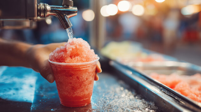 Colorful Carnival Treat: Person Filling Snow Cone with Refreshing Slush While Iced Beverages Await in Background
