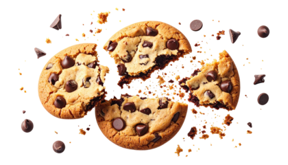 Delicious, close-up shot of a broken chocolate chip cookie with scattered chips