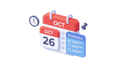 Modern 3D calendar icon with schedule list. Vector illustration of date planner and time management concept. Daily organizer with clock and pin. Business event reminder symbol. Agenda.