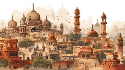 Obraz premium Charming Indian Cityscape in Watercolor Style with Elegant Beige Buildings and Earthy Tones for Creative Projects
