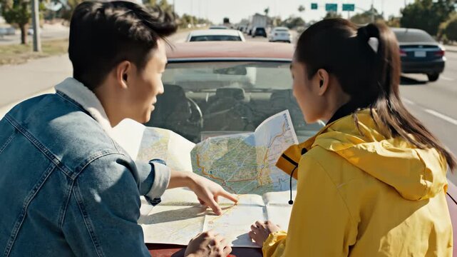 Two friends pause their journey to examine a detailed map, planning the next leg of their adventure. They're immersed in conversation, surrounded by lush scenery.
