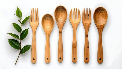 Eco friendly bamboo utensils with green leaf on white background