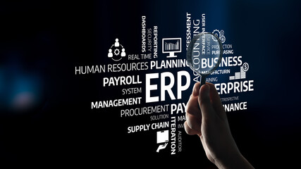 A creative representation of ERP business concepts, showcasing a hand with a magnifying glass focused on various keywords related to business management and efficiency. Tessel