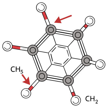 Illustration of a fullerene molecule structure, depicting chemical bonds and atoms with designated groups CH3 and CH5, highlighted with red arrows