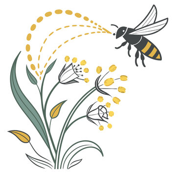 A sophisticated icon showing cross-pollination mechanism, featuring a diligent bee approaching vibrant flowers with pollen trails, representing nature's intricate ecosystem and biological processes
