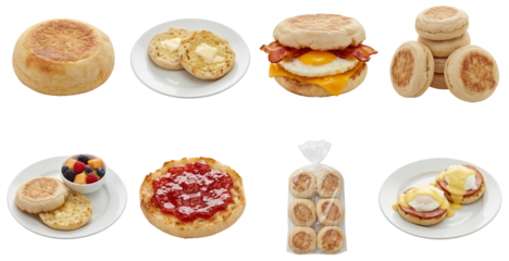 set of english muffins in different forms, including toasted with butter, sandwiches and eggs benedict isolated on a transparent background