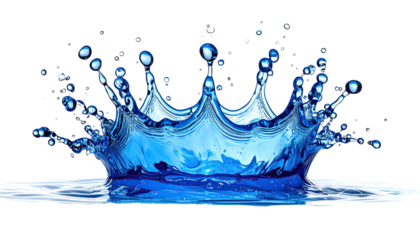 Digitally created crown of water splashing upwards, centered on black