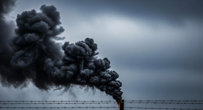 Dark smoke rising against a foreboding dark sky with barbed wire, symbolizing historical atrocity and remembrance for the Holocaust concept