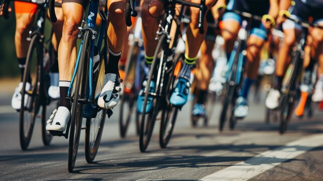 Close-up of a group of cyclists riding on an outdoor bike path