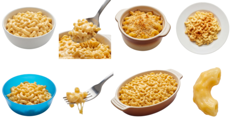 set of mac and cheese in different views, including bowls, spoonfuls and single macaroni noodles isolated on a transparent background