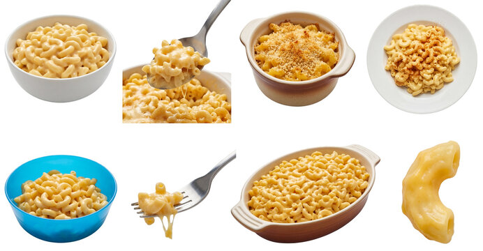 set of mac and cheese in different views, including bowls, spoonfuls and single macaroni noodles isolated on a transparent background