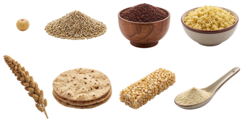 set of millet grain in different forms, including raw seeds, cooked bowls and flour isolated on a transparent background