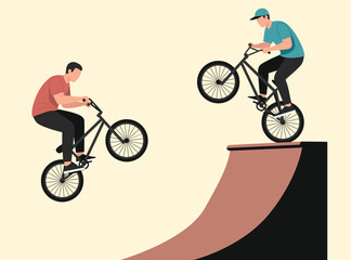 male BMX riders perform tricks, one on a flat surface doing a wheelie, and the other launching off a curved ramp. extreme sport