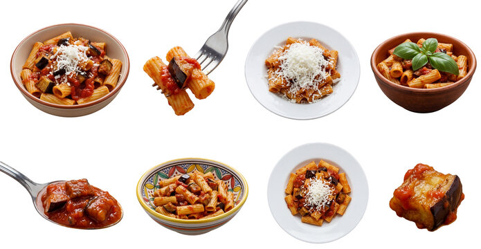 set of pasta alla norma in different presentations, including rigatoni bowls, eggplant sauce and cheese topping isolated on a transparent background