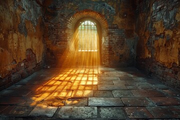 Obraz premium Bright sunlight streams through a barred window in an old, abandoned brick room with peeling walls