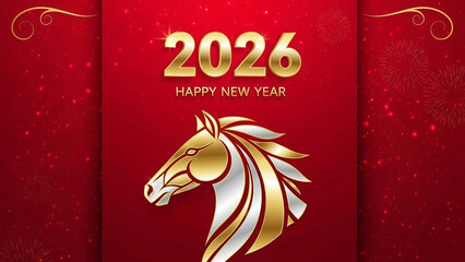 Chinese New Year 2026 Greeting Card with Stylized Gold and Silver Horse Head on Red Banner with Fireworks