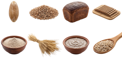 set of rye products in different forms, including whole grain bread, crispbread crackers and flour isolated on a transparent background