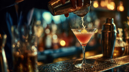 Cinematic Close-Up of a Bartender Pouring a Vibrant Cocktail into a Martini Glass at a Stylish Bar Counter