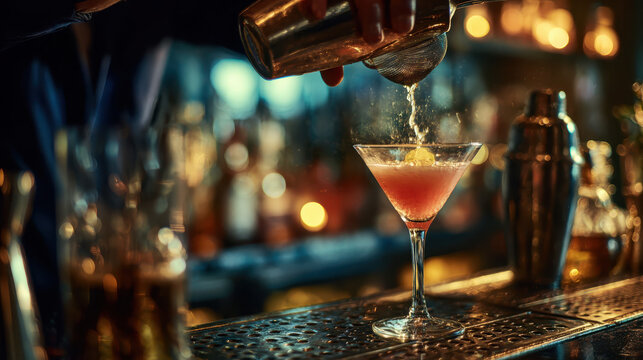 Cinematic Close-Up of a Bartender Pouring a Vibrant Cocktail into a Martini Glass at a Stylish Bar Counter