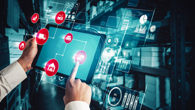 Smart warehouse management system with innovative internet of things technology to identify package picking and delivery . Future concept of supply chain and logistic network business .