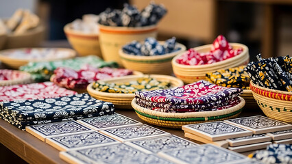 Colorful textiles and baskets display