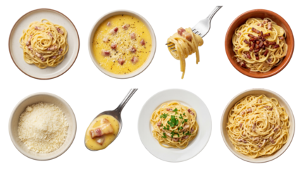 set of spaghetti carbonara in different presentations, including pasta bowls, sauce spoon and cheese topping isolated on a transparent background