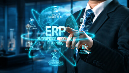 ERP platform visual showing centralized system for enterprise resource planning, improving integration, data flow, business efficiency, finance, inventory, and human resources. Elide