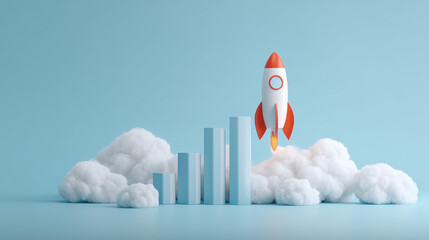 Rocket Soaring Above Bar Graph Symbolizing Business Success and Rapid Growth in a Calm Blue Sky