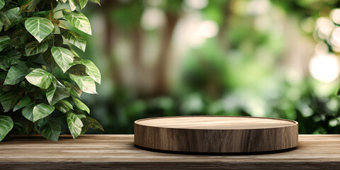 Wooden podium against a blurred nature background. Foliage and natural wood. Minimalistic style. Presentation.