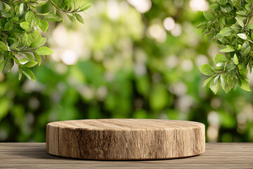 Wooden podium against a blurred nature background. Foliage and natural wood. Minimalistic style. Presentation.