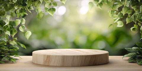 Wooden podium against a blurred nature background. Foliage and natural wood. Minimalistic style. Presentation.
