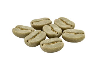 Extreme macro shot of nine loose, light green unroasted arabica coffee beans, ultra-detailed texture and prominent crevices visible, isolated on a transparent background with shadowless high-key