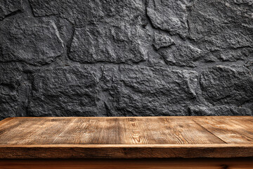 Wooden table on a black stone background. Bar counter. Old countertop. Mini production stage. Retro.