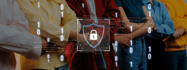 A diverse group of individuals stands together, emphasizing the importance of data security, privacy, and protection in a modern digital landscape with a shield graphic. Trope © InfiniteFlow
