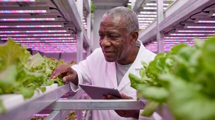 Senior Black male agronomist in a white lab coat inspecting hydroponic lettuce with a tablet in a vertical farm under LED lights.
