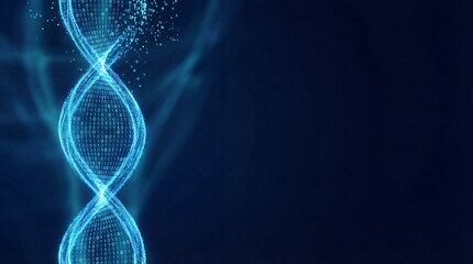 Digital DNA double helix structure made of glowing binary code data dissolving into particles on a futuristic blue background.