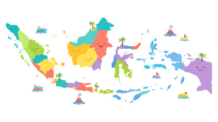 Obraz premium Colorful Map of Indonesia Showing Provinces and Islands with Tropical Elements. Vector Illustration. EPS Editable