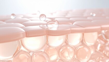 肌の角層と美容液分子の相互作用を描いたスキンケアサイエンスビジュアル ピンク系 ジェネレーティブAI