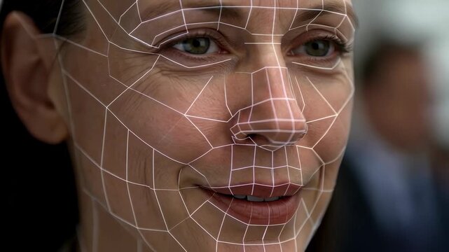 Close-up of a woman's face with a digital 3D mesh wireframe overlay. Concept of facial recognition, biometric scanning, artificial intelligence and cyber security