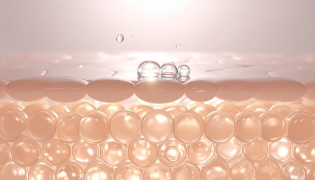 肌の角層をマクロ視点で描く美容液分子の浸透イメージ 淡いピンクの3Dスキンサイエンス表現 ジェネレーティブAI