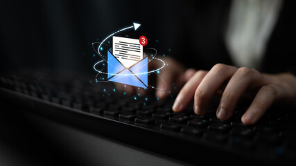 Concept of digital communication and correspondence. Receiving a new message or notification in an email inbox, representing online information exchange and alerts. Fermion