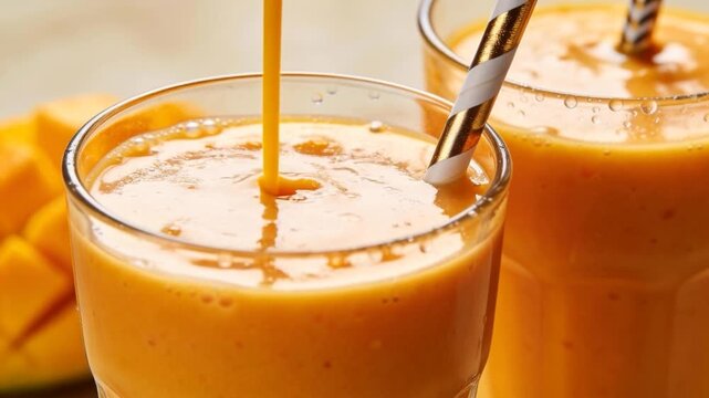 Creamy golden mango lassi pours into a glass, creating swirls of thick orange goodness with fresh mango chunks and a stylish straw