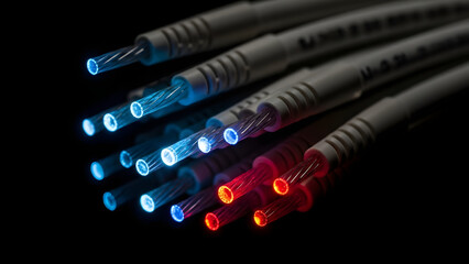 Fiber Optic Cables with Glowing Data Signals on Dark Background