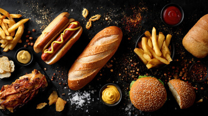 Delicious Top View of Assorted Fast Food Platter with French Fries, Hot Dogs, and Snacks on Dark Background