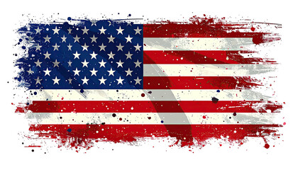 Distressed depiction of the U.S. flag with a grunge effect. Dark backdrop, brushstroke borders