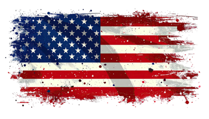 Distressed depiction of the U.S. flag with a grunge effect. Dark backdrop, brushstroke borders