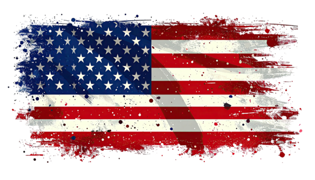 Distressed depiction of the U.S. flag with a grunge effect. Dark backdrop, brushstroke borders - Powered by Adobe